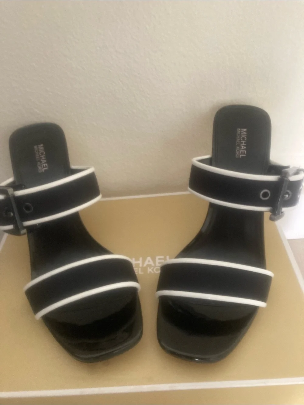 Michael Kors Black Colby Neoprene Heeled Sandal Slides with White Piping